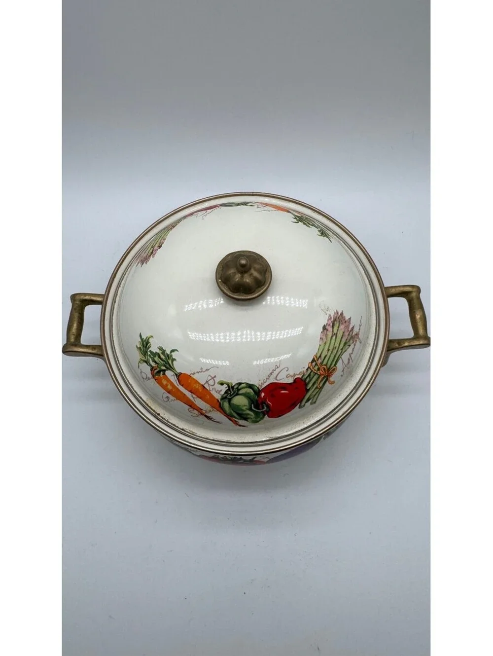 Vintage Ceramic Covered Casserole Tureen Vegetable Design Brass Tone Handles
